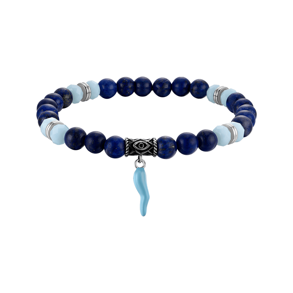 Luca Barra Bracciale Elastico Pietre Blu Verdi e Cornetto
