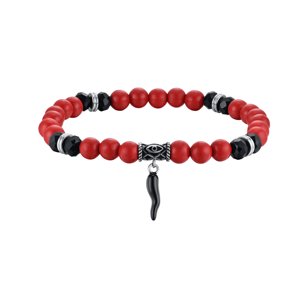 Luca Barra Bracciale Elastico Pietre Rosse Nere e Cornetto