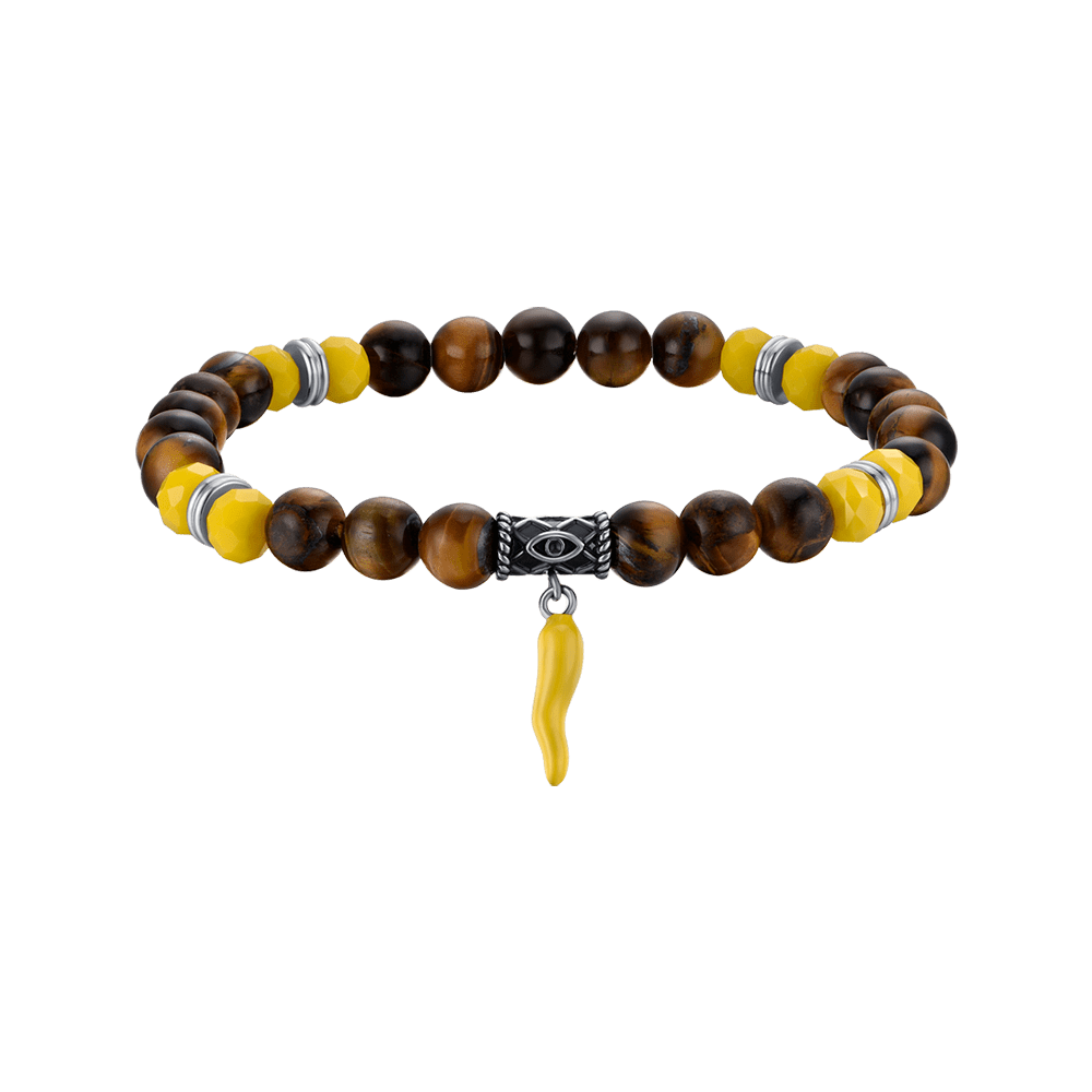 Luca Barra Bracciale Elastico Pietre Occhio di Tigre Gialle e Cornetto