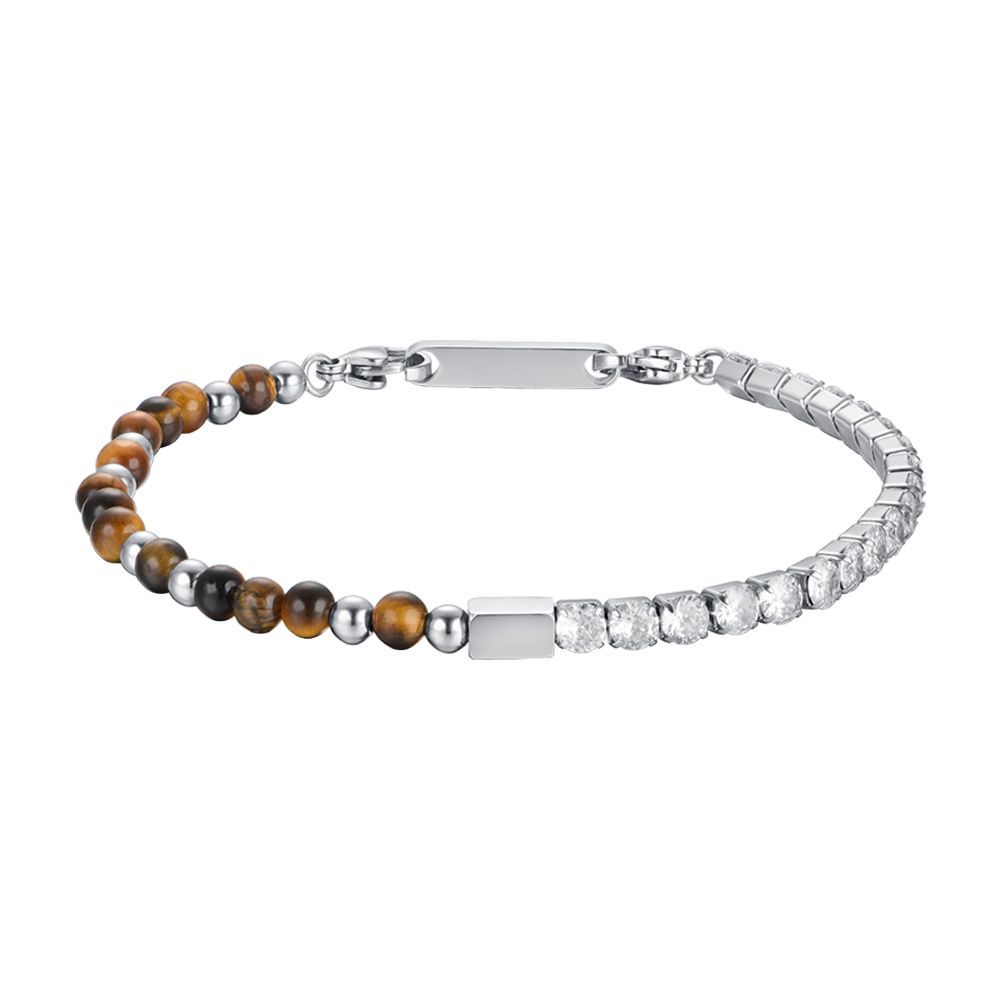 Luca Barra Bracciale Acciaio Cristalli Bianchi e Pietre Occhio Di Tigre