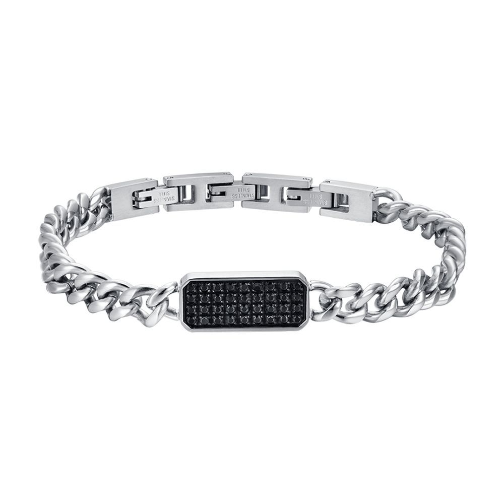 Luca Barra Bracciale Acciaio Piastra Zirconi Neri