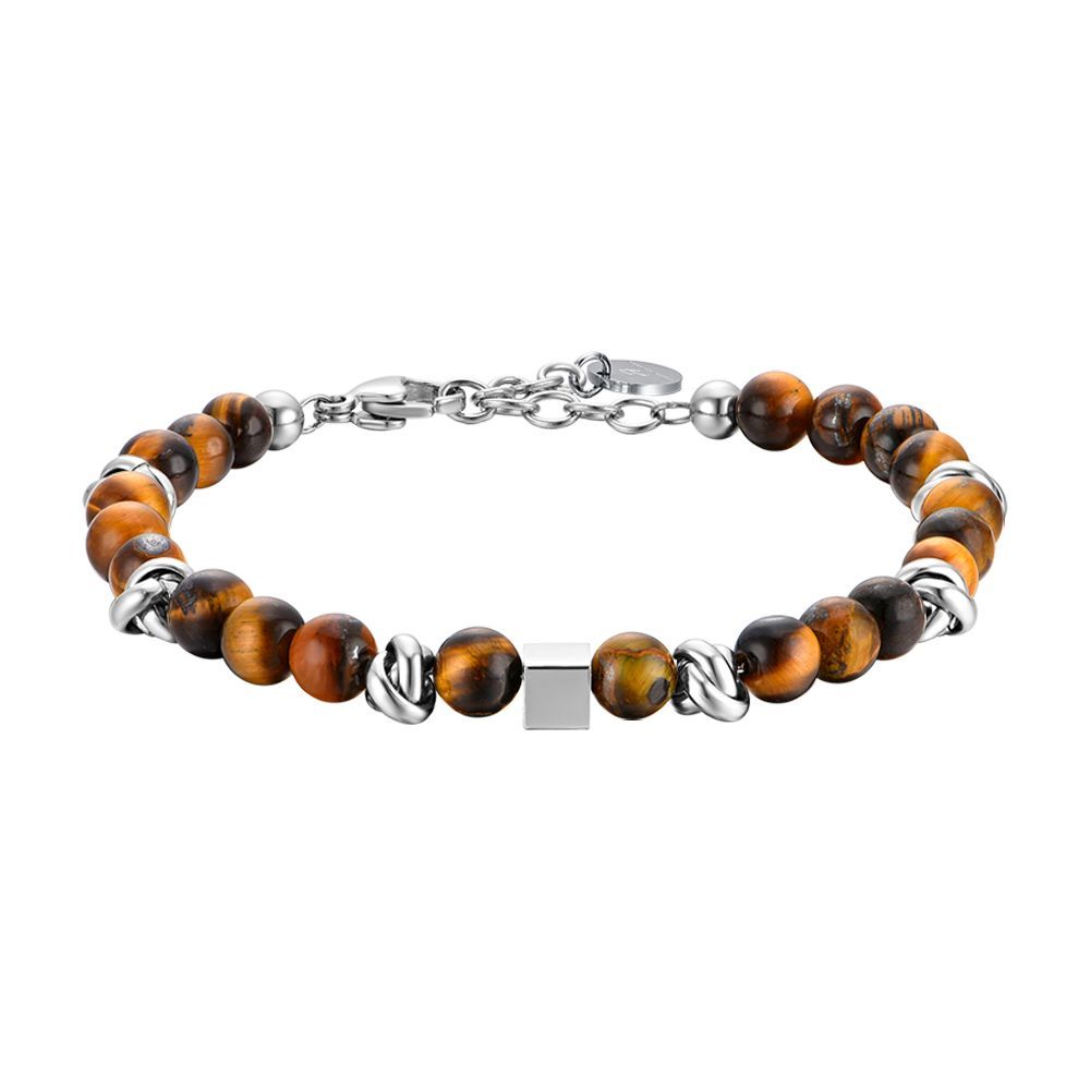 Luca Barra Bracciale Sfere Occhio di Tigre ed Elementi Acciaio