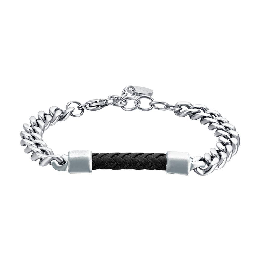 Luca Barra Bracciale Acciaio e Pelle Nera