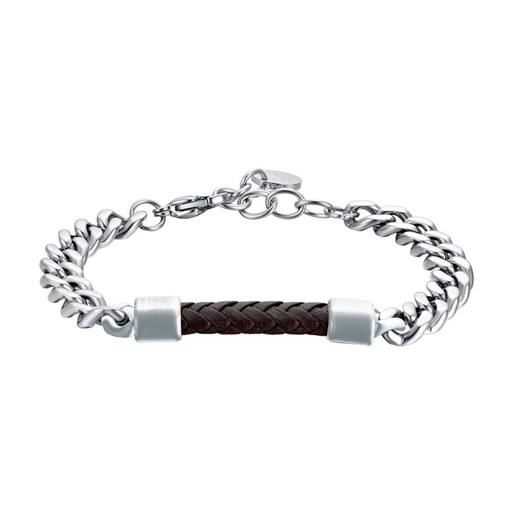 Luca Barra Bracciale Acciaio e Pelle Marrone
