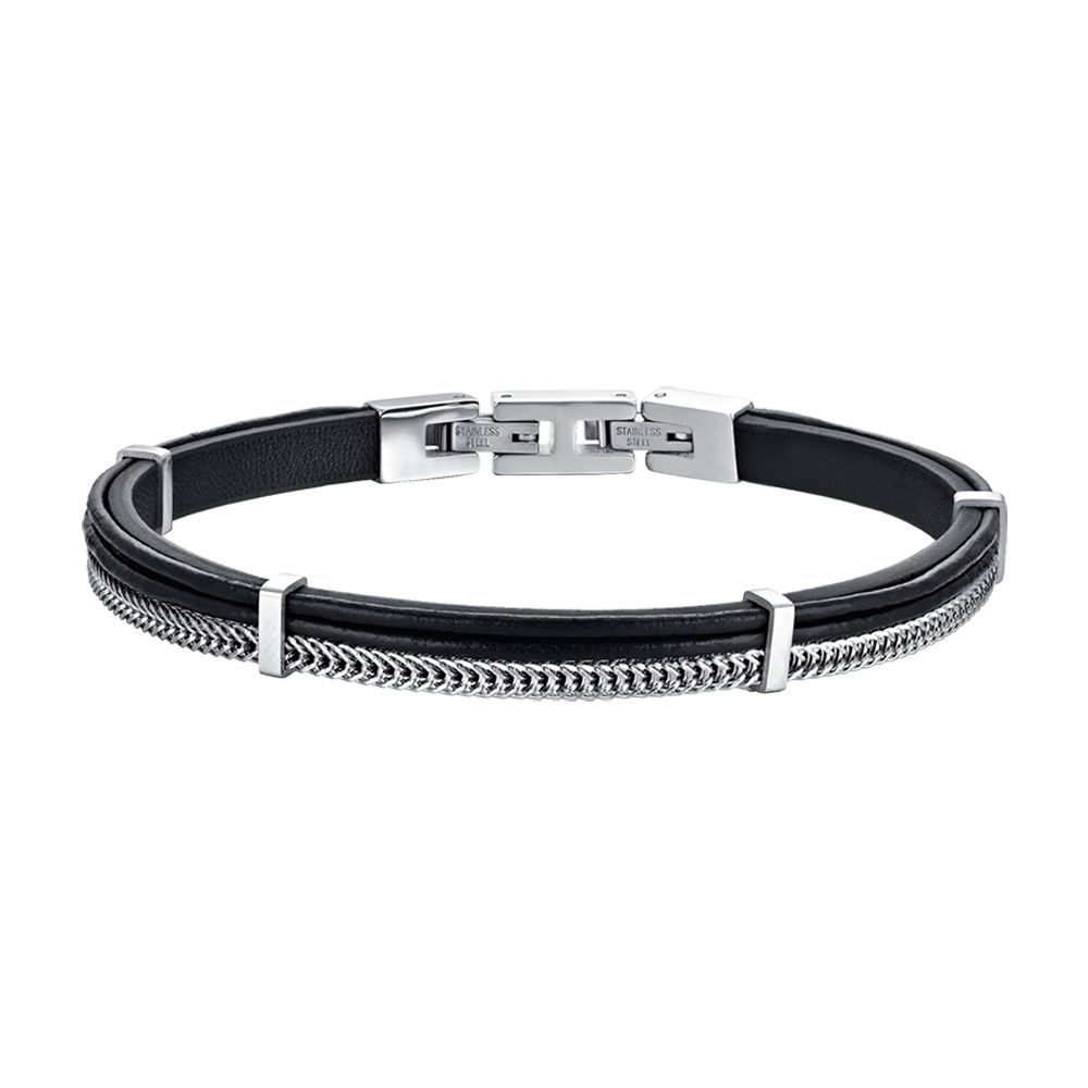 Luca Barra Bracciale Pelle Nera e Acciaio