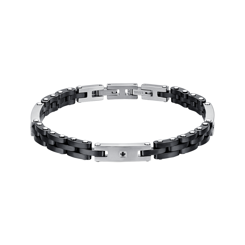 Luca Barra Bracciale Acciaio Ceramica Nera e Cristallo