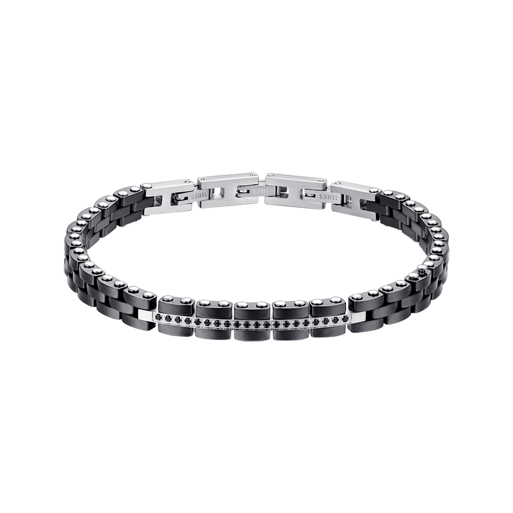 Luca Barra Bracciale Acciaio Ceramica e Cristalli Neri