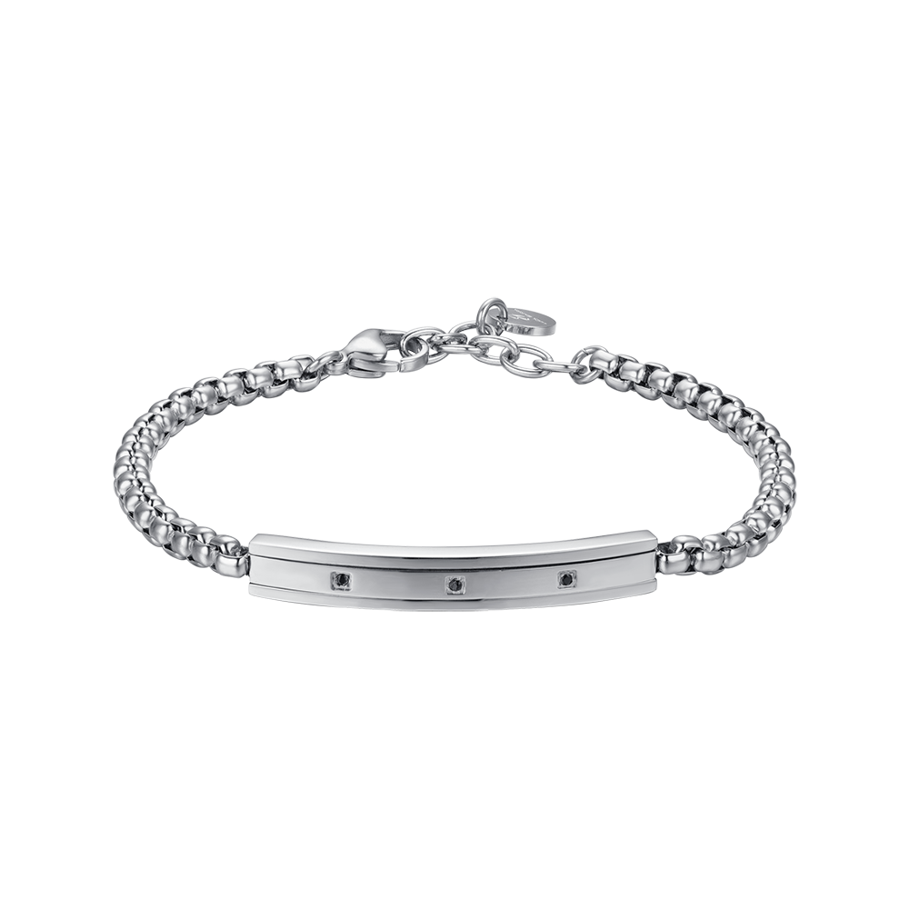 Luca Barra Bracciale Acciaio Piastra e Cristalli Neri