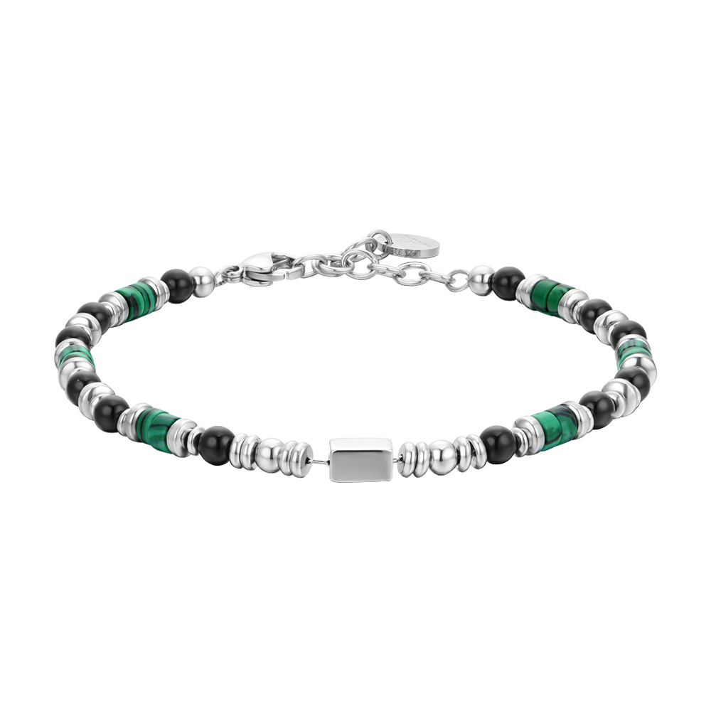 Luca Barra Bracciale Acciaio Agata Nera e Malachite