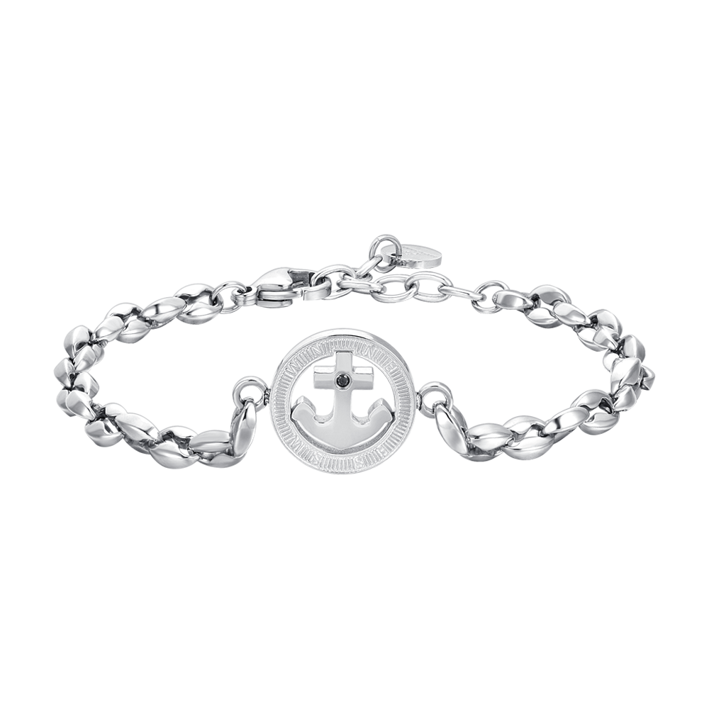 Luca Barra Bracciale Acciaio Ancora e Cristallo Nero