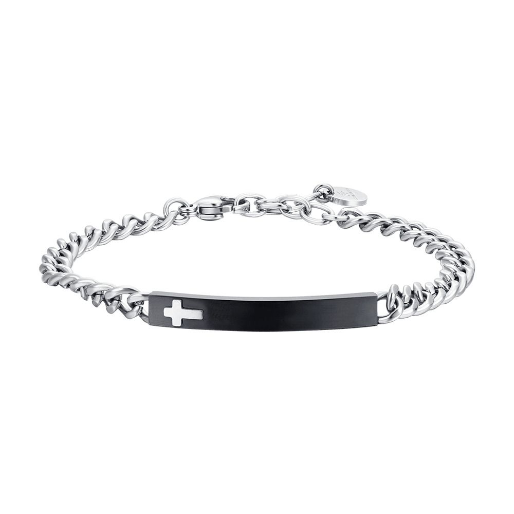 Luca Barra Bracciale Acciaio Piastra Ip Nero con Croce