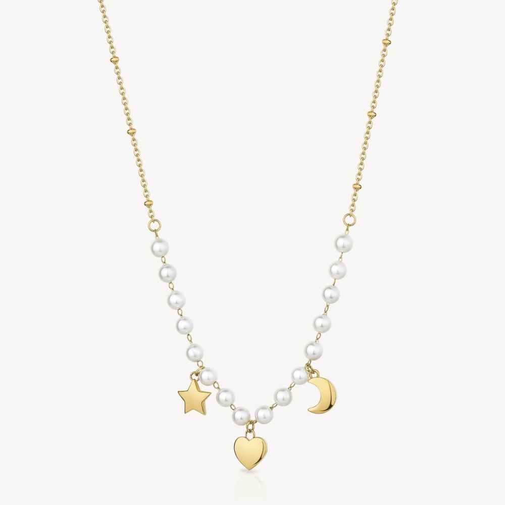 Brosway Collana Acciaio Gold Perle Cuore Stella e Luna Chant