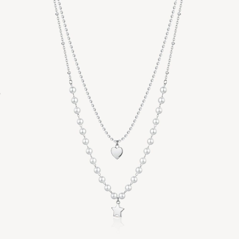 Brosway Collana 2 Fili Acciaio Perle Cuore e Stella Chant