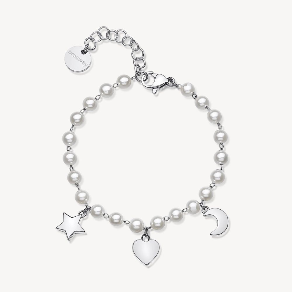 Brosway Bracciale Acciaio Perle Cuore Stella e Luna Chant