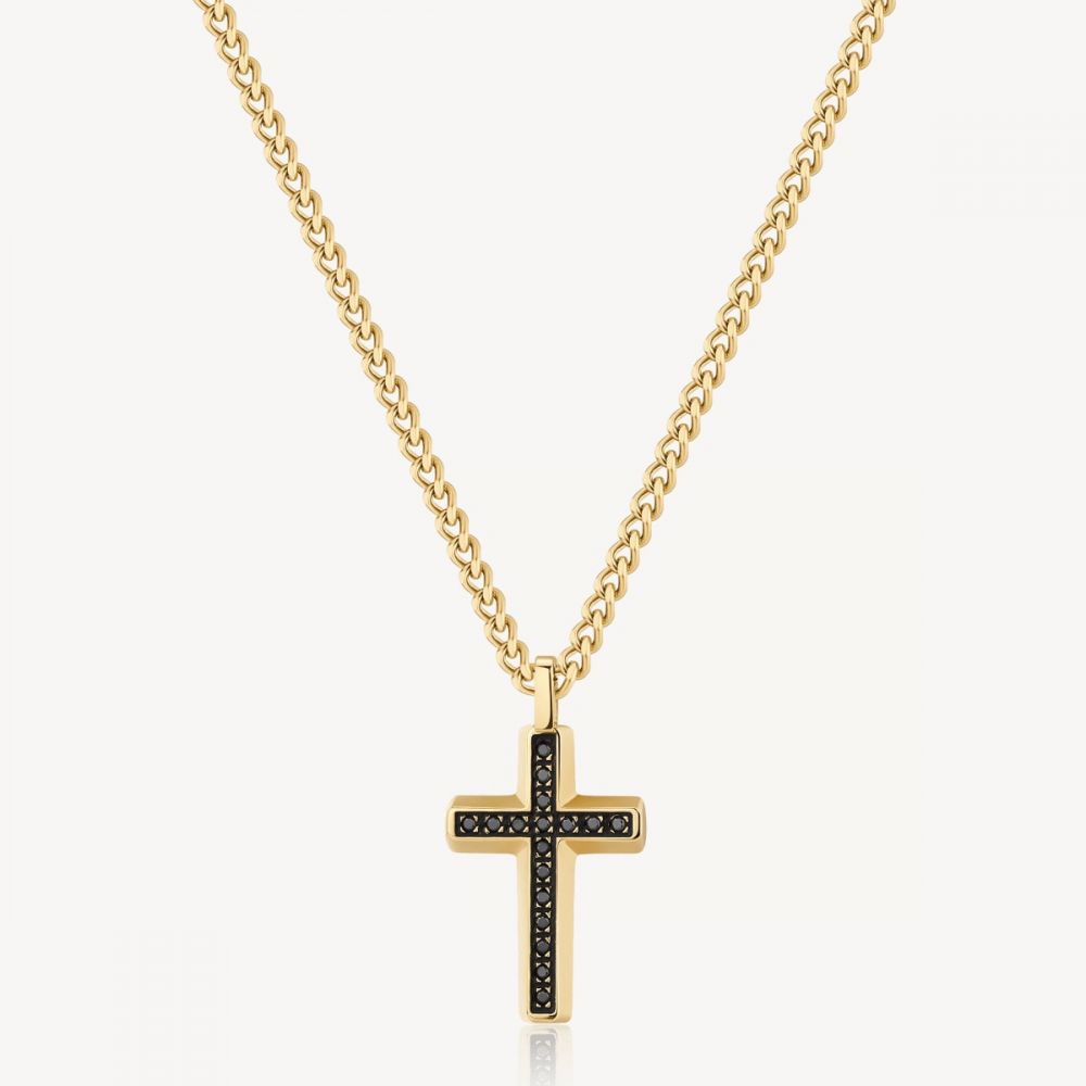 Brosway Collana Uomo Acciaio Gold Croce Zirconi Neri Backliner