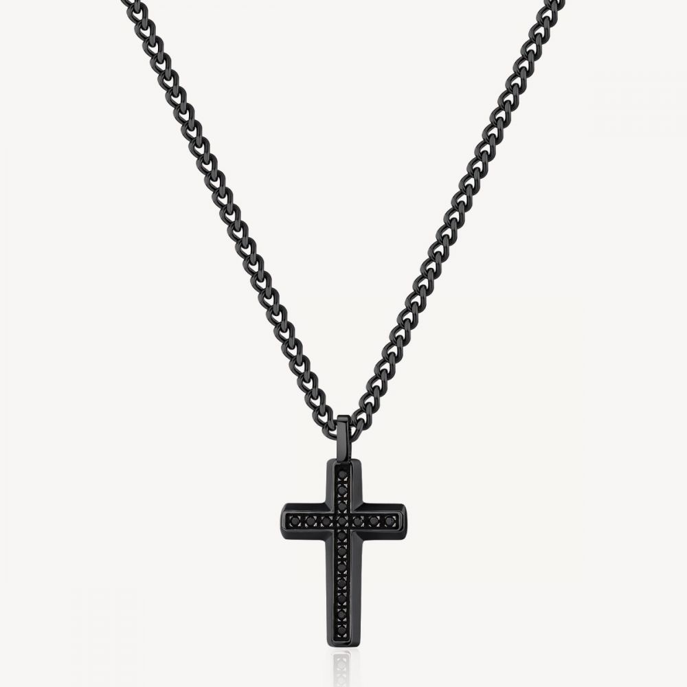 Brosway Collana Uomo Acciaio Rutenio Croce Zirconi Neri Backliner