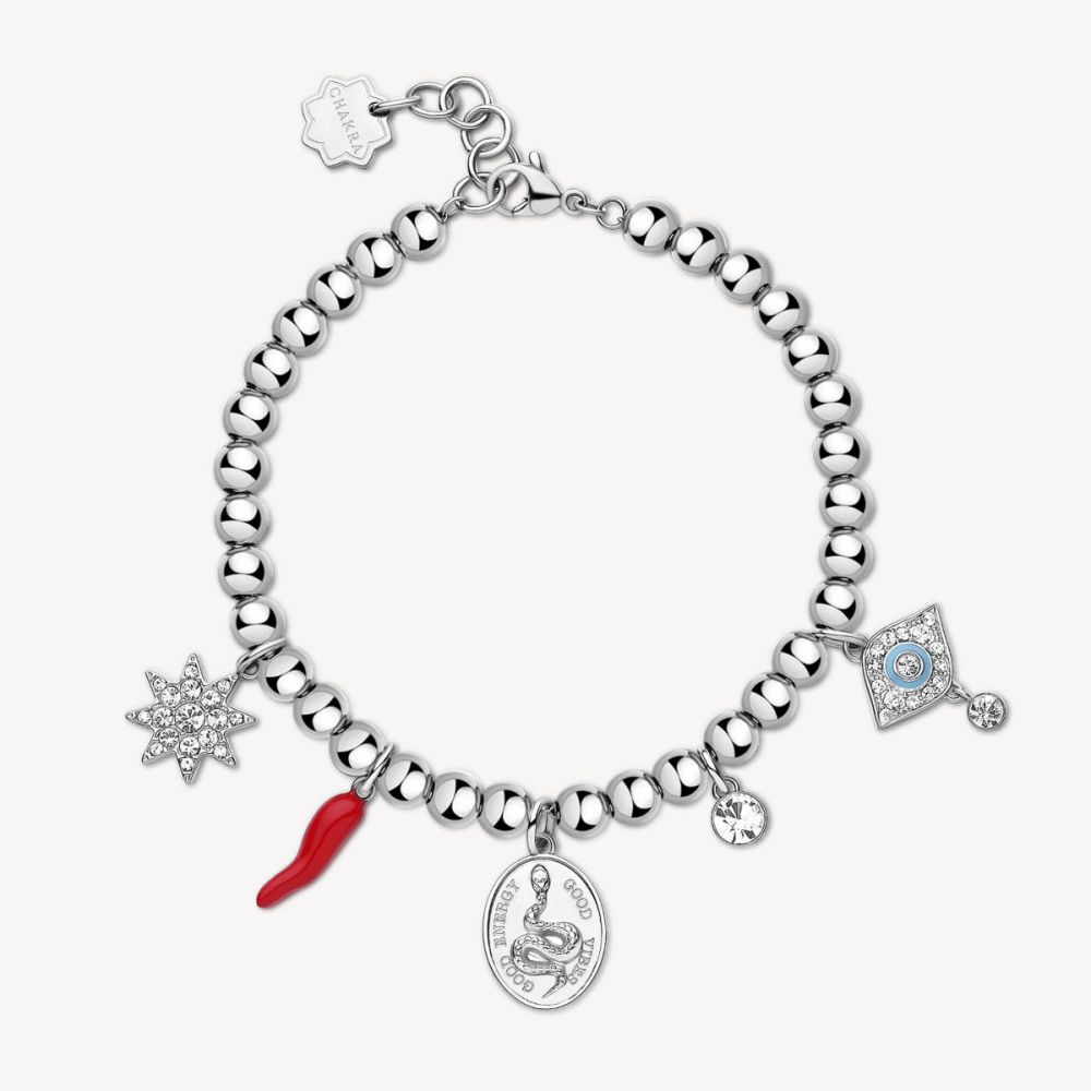 Brosway Bracciale Sfere Acciaio Cornetto Rosso Stella e Occhio Chakra