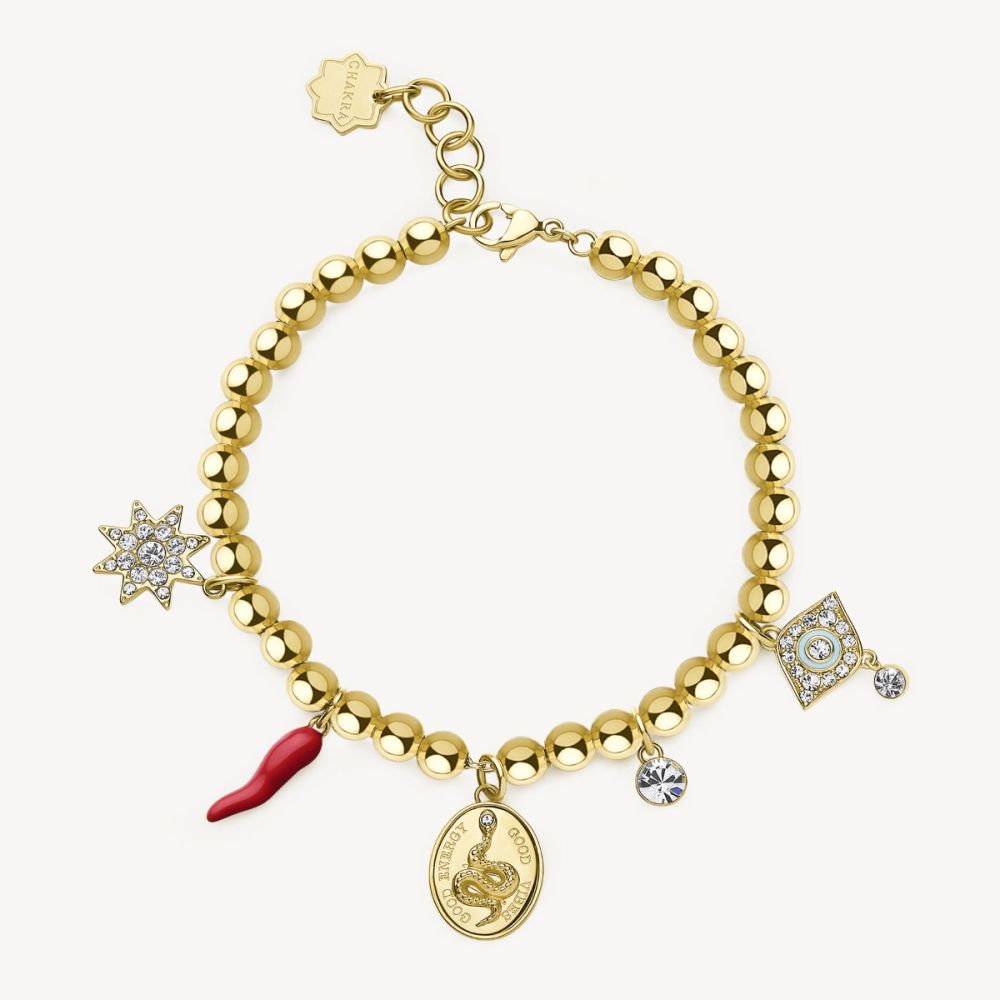 Brosway Bracciale Sfere Acciaio Gold Cornetto Stella e Occhio Chakra