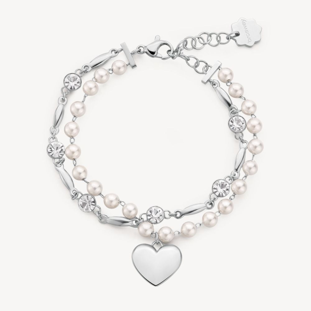 Brosway Bracciale 2 Fili Acciaio Perle Cuore e Cristalli Chakra