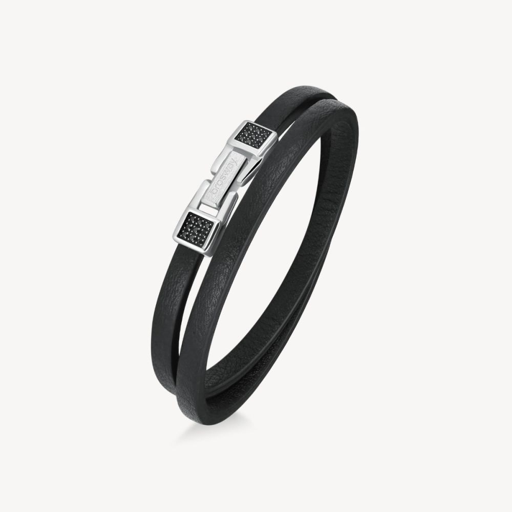 Brosway Bracciale Doppio Giro Pelle Nera e Acciaio Ink