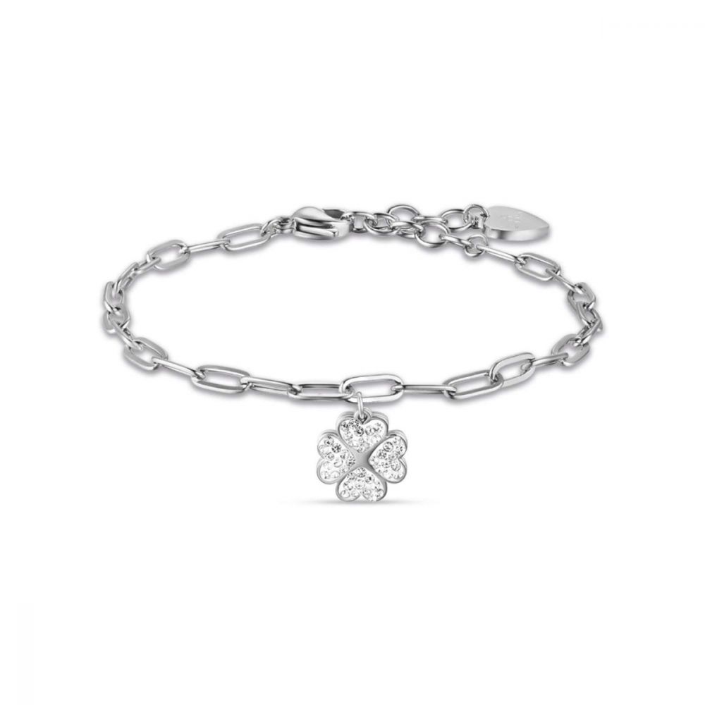 Luca Barra Bracciale Acciaio con Quadrifoglio e Cristalli Bianchi