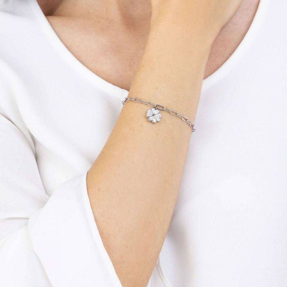 Luca Barra Bracciale Acciaio con Quadrifoglio e Cristalli Bianchi