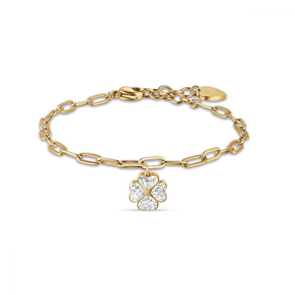 Luca Barra Bracciale Acciaio Gold con Quadrifoglio e Cristalli Bianchi
