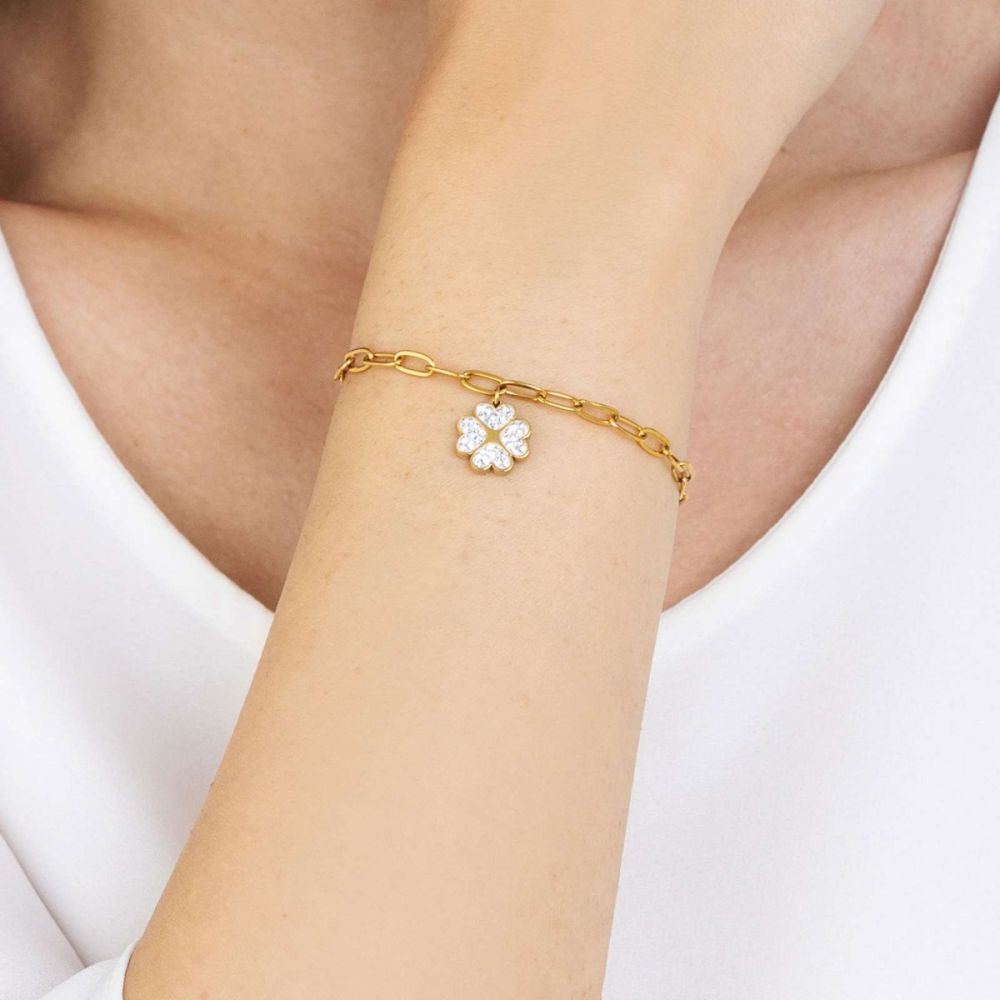 Luca Barra Bracciale Acciaio Gold con Quadrifoglio e Cristalli Bianchi