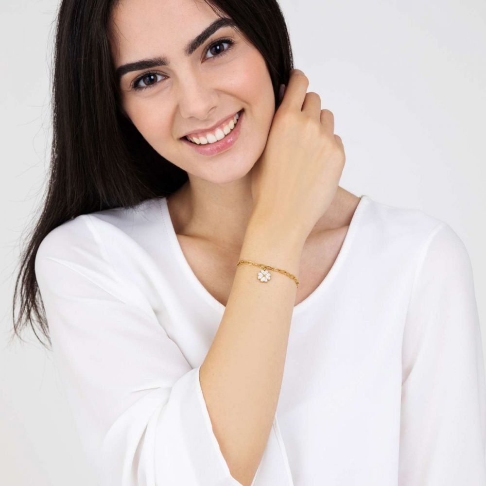 Luca Barra Bracciale Acciaio Gold con Quadrifoglio e Cristalli Bianchi