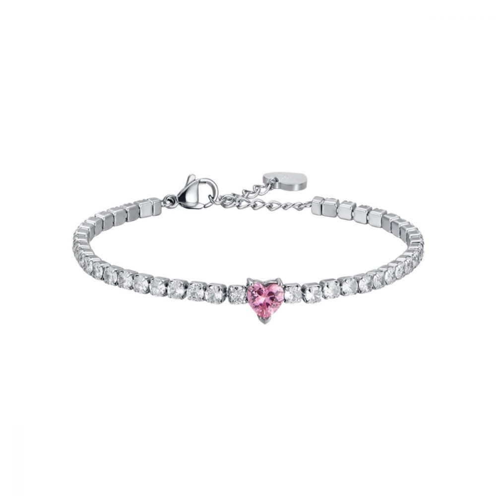Luca Barra Tennis Donna Acciaio Cristalli Bianchi e Cuore Rosa