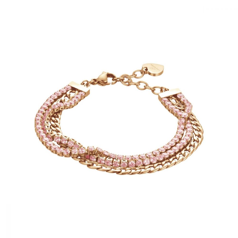 Luca Barra Bracciale Donna 3 Fili Acciaio Gold Cristalli Rosa