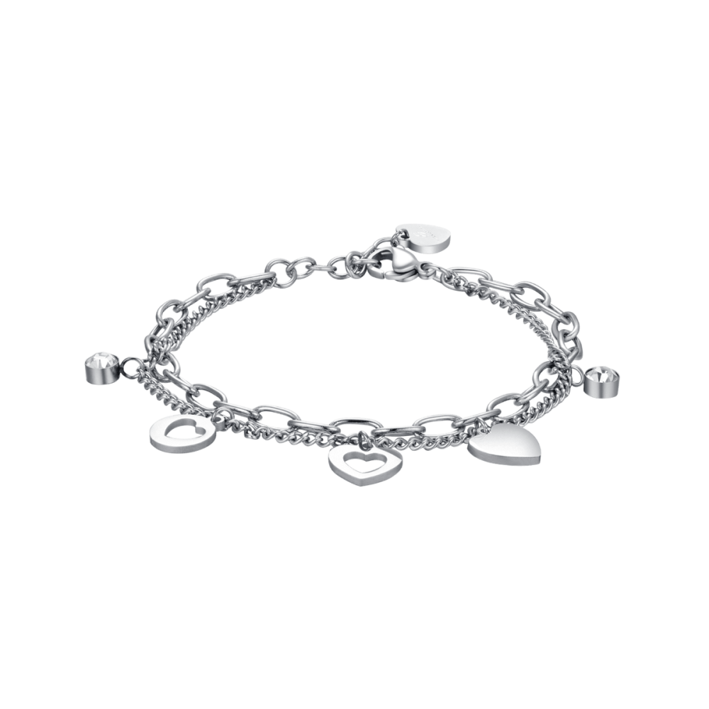 Luca Barra Bracciale 2 Fili Acciaio Cuore e Cristalli Bianchi