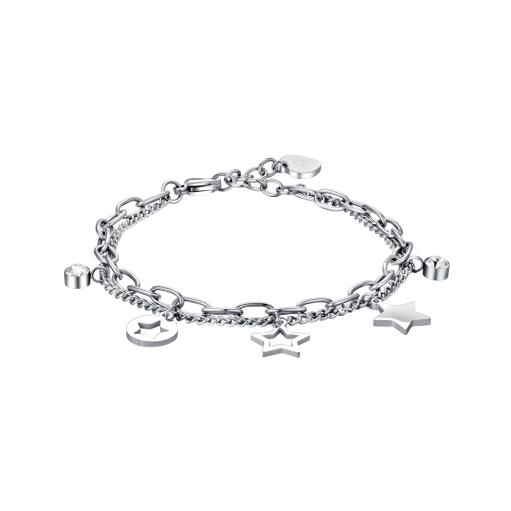 Luca Barra Bracciale 2 Fili Acciaio Stelle e Cristalli Bianchi