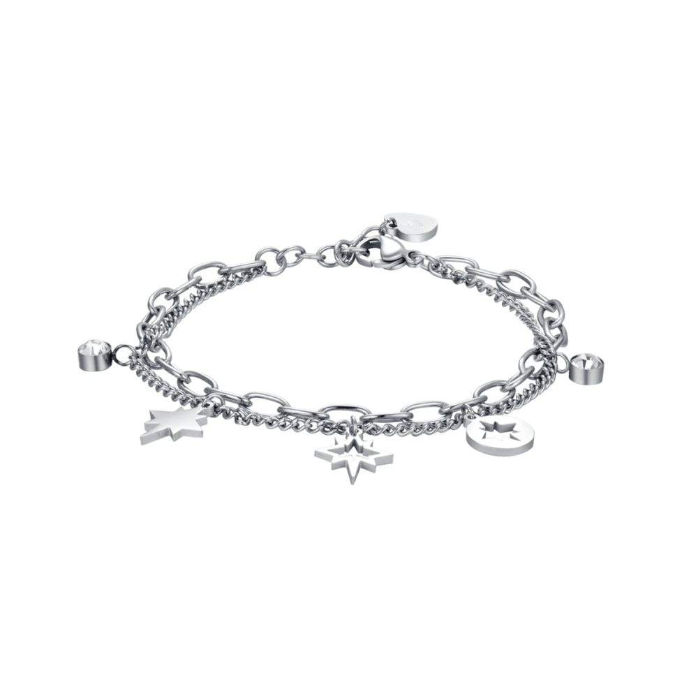 Luca Barra Bracciale 2 Fili Acciaio Stelle e Cristalli Bianchi