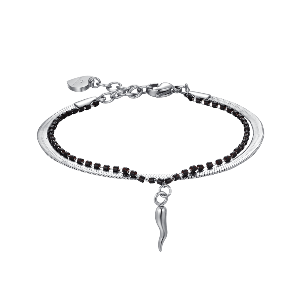 Luca Barra Bracciale 2 FIli Acciaio Elementi Neri e Cornetto