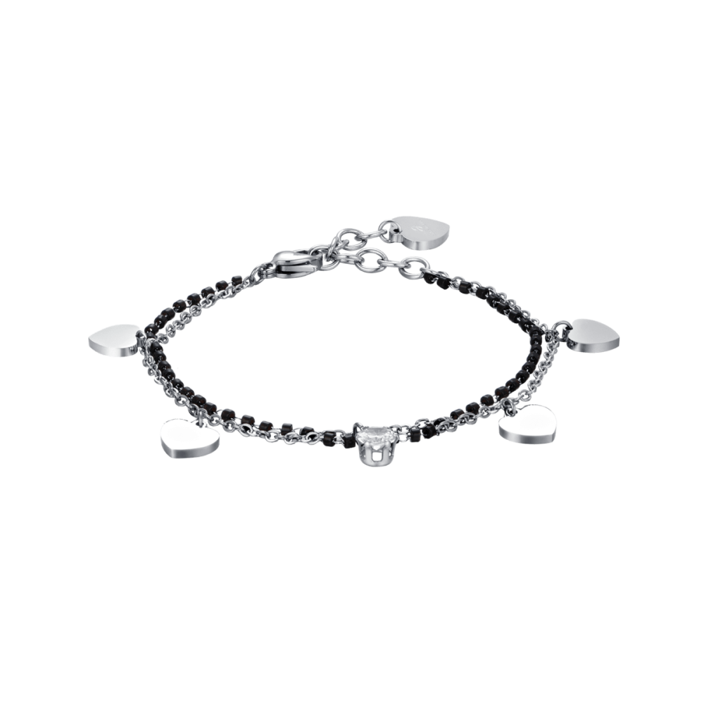 Luca Barra Bracciale 2 FIli Acciaio Elementi Neri Cuori e Cristallo