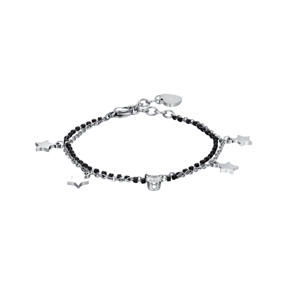 Luca Barra Bracciale 2 FIli Acciaio Elementi Neri Stelle e Cristallo
