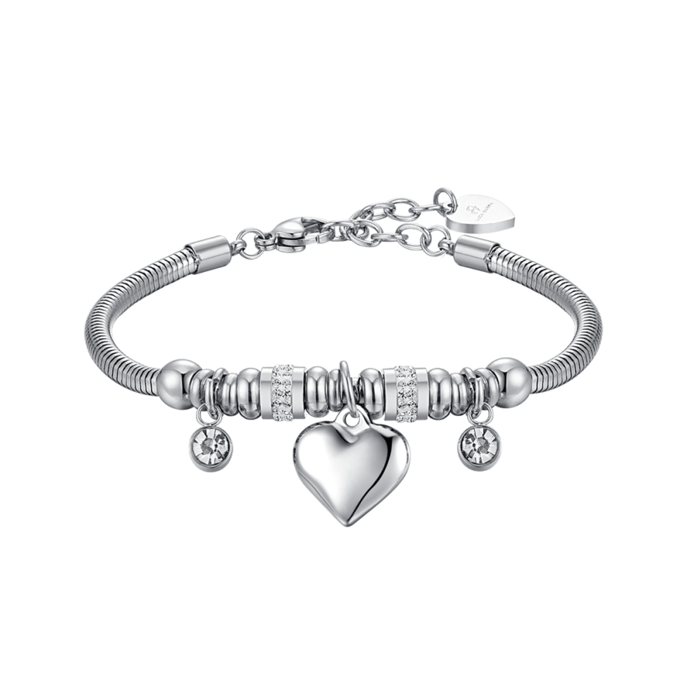 Luca Barra Bracciale Acciaio Cuore e Cristalli Bianchi