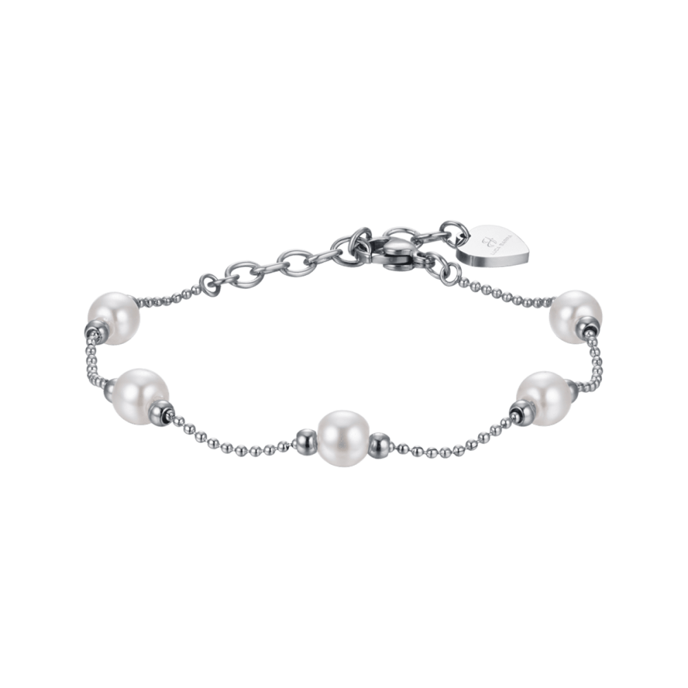 Luca Barra Bracciale Sfere Acciaio e Perle Bianche