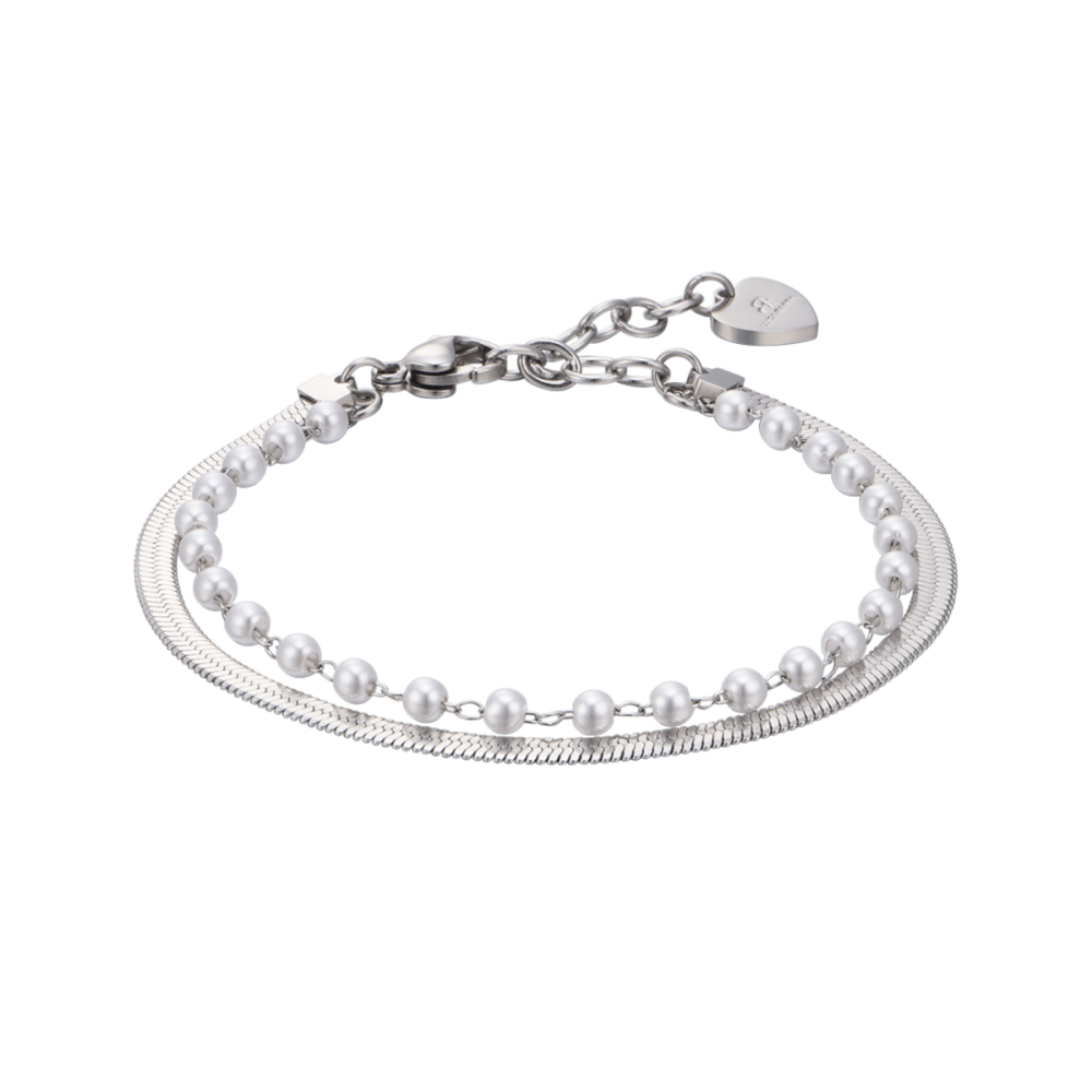 Luca Barra Bracciale 2 Fili Acciaio e Perle Bianche