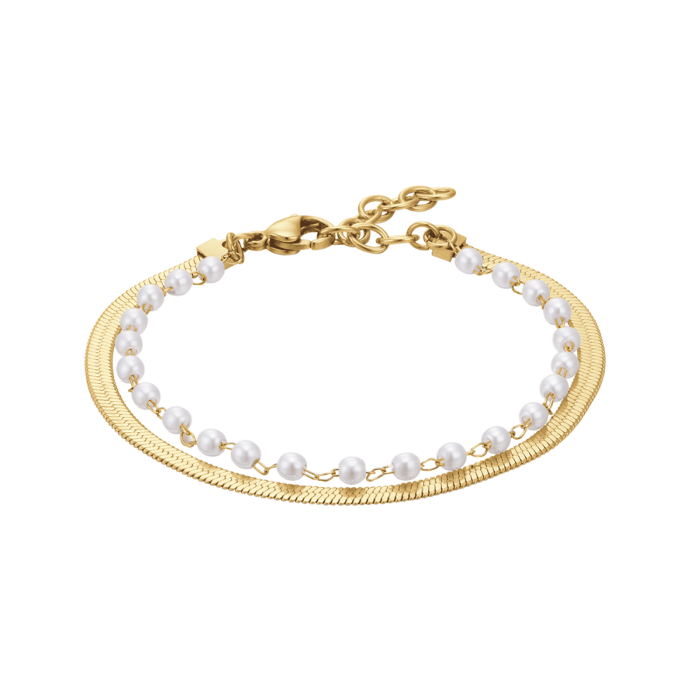 Luca Barra Bracciale 2 Fili Acciaio Gold e Perle Bianche