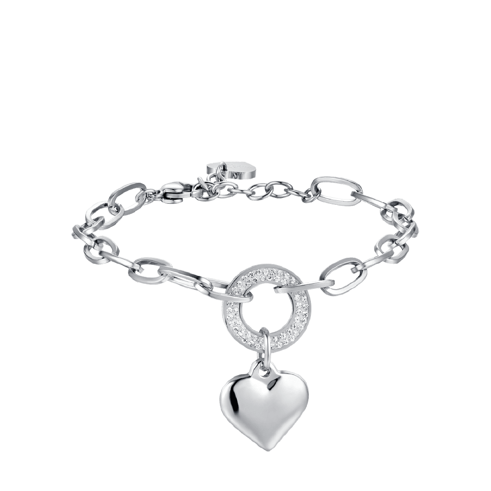 Luca Barra Bracciale Acciaio Cuore e Cristalli Bianchi