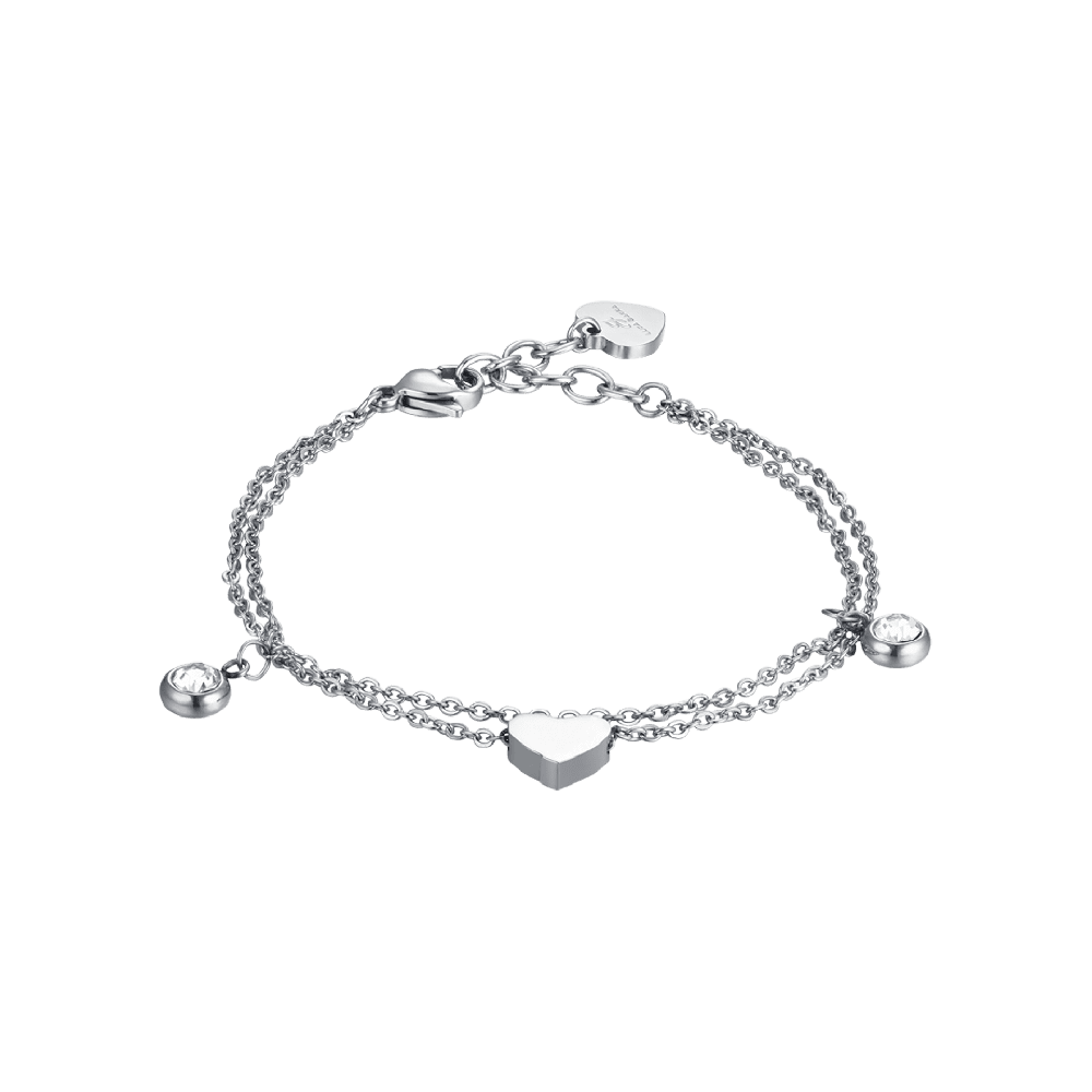 Luca Barra Bracciale 2 Fili Acciaio Cuore e Cristalli Bianchi