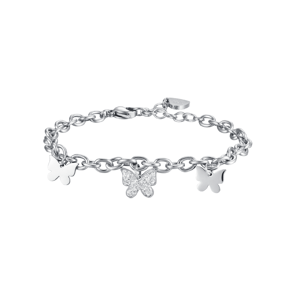 Luca Barra Bracciale Acciaio Farfalle e Cristalli Bianchi