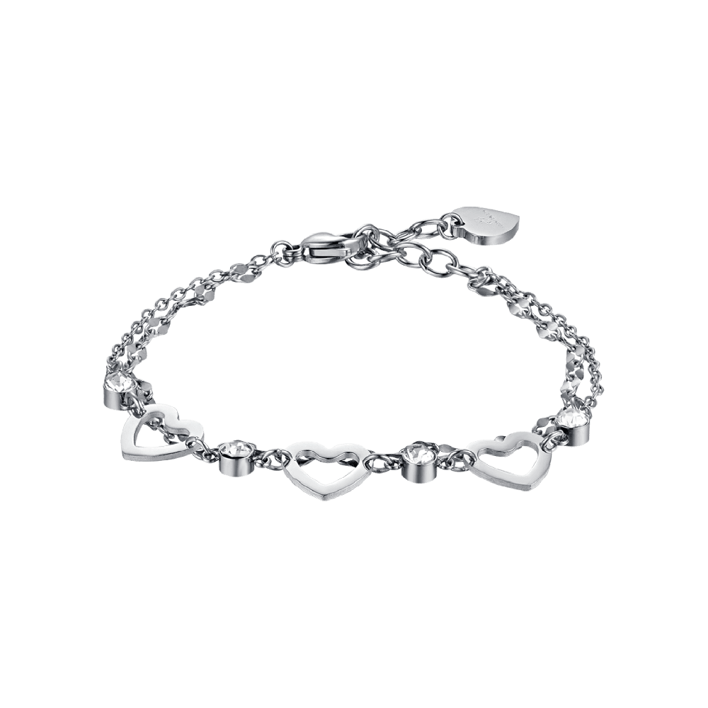 Luca Barra Bracciale Multifilo Acciaio Cuori e Cristalli Bianchi