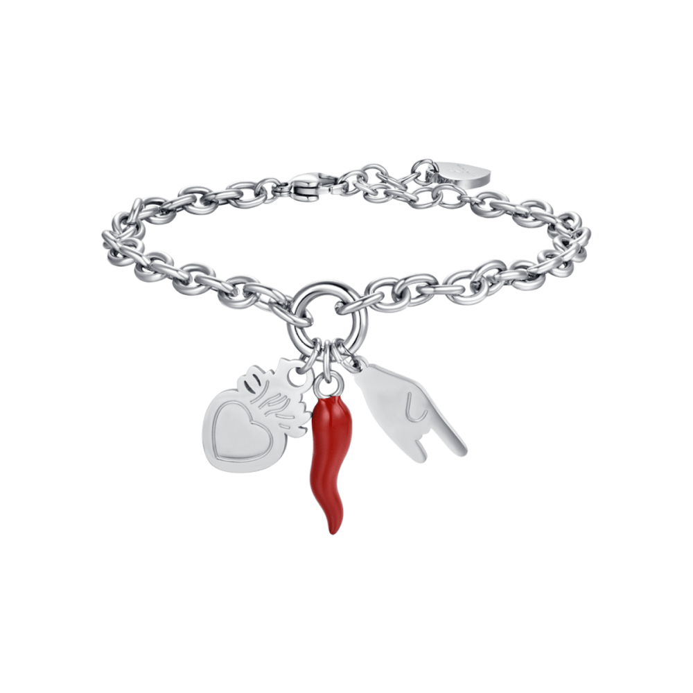 Luca Barra Bracciale Acciaio Portafortuna e Smalto Rosso