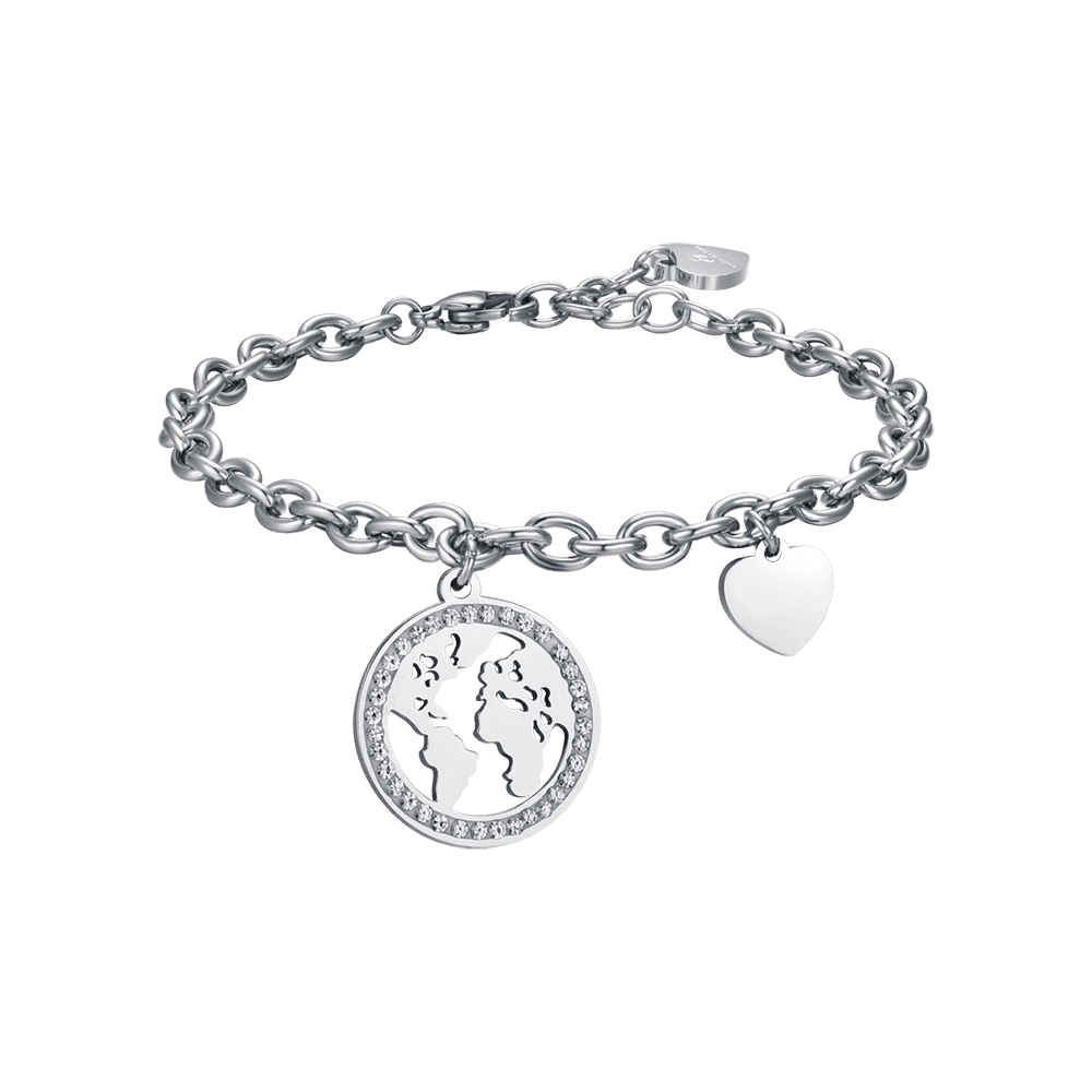 Luca Barra Bracciale Acciaio con Mondo e Cuore