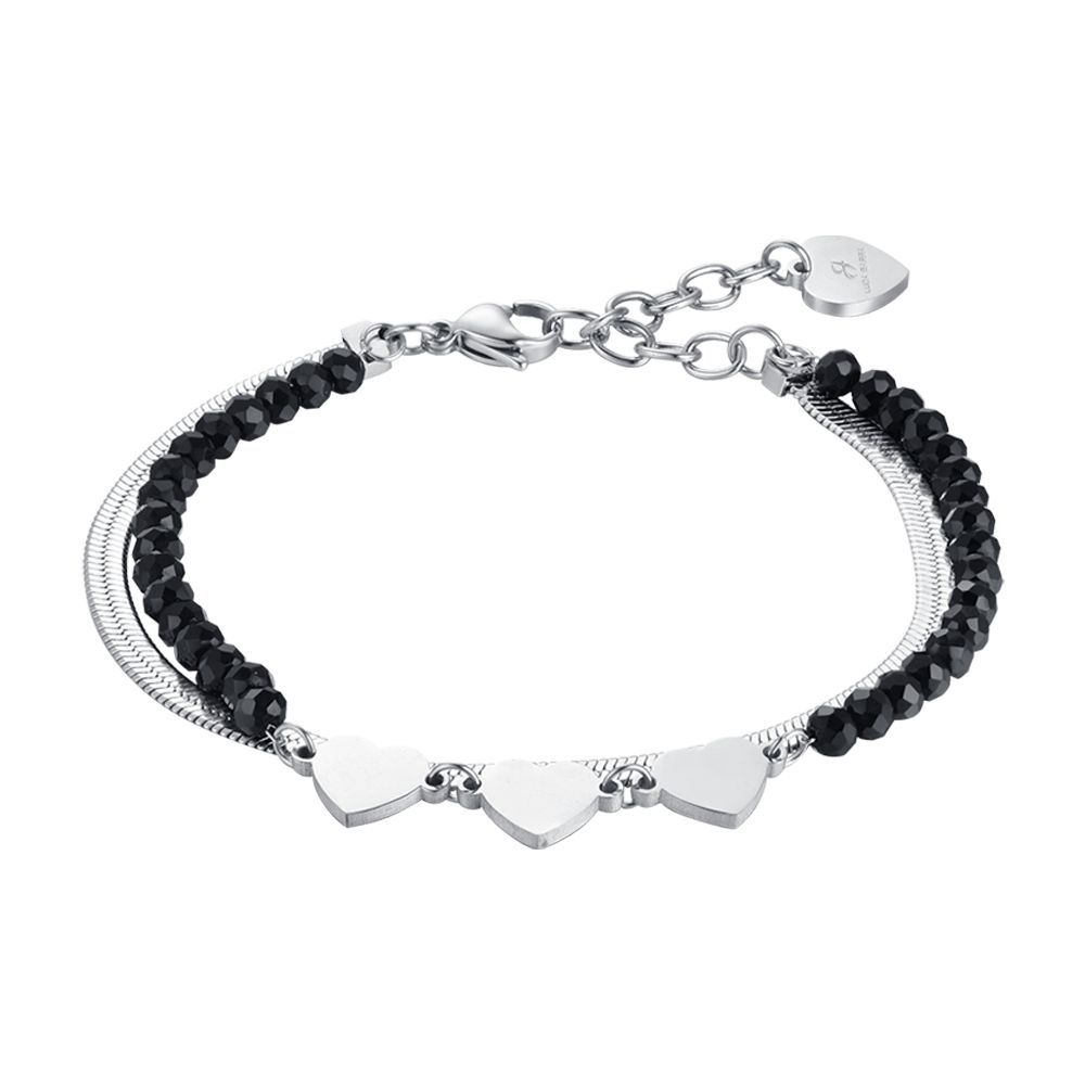 Luca Barra Bracciale 2 Fili Acciaio e Cristalli Neri con Cuori