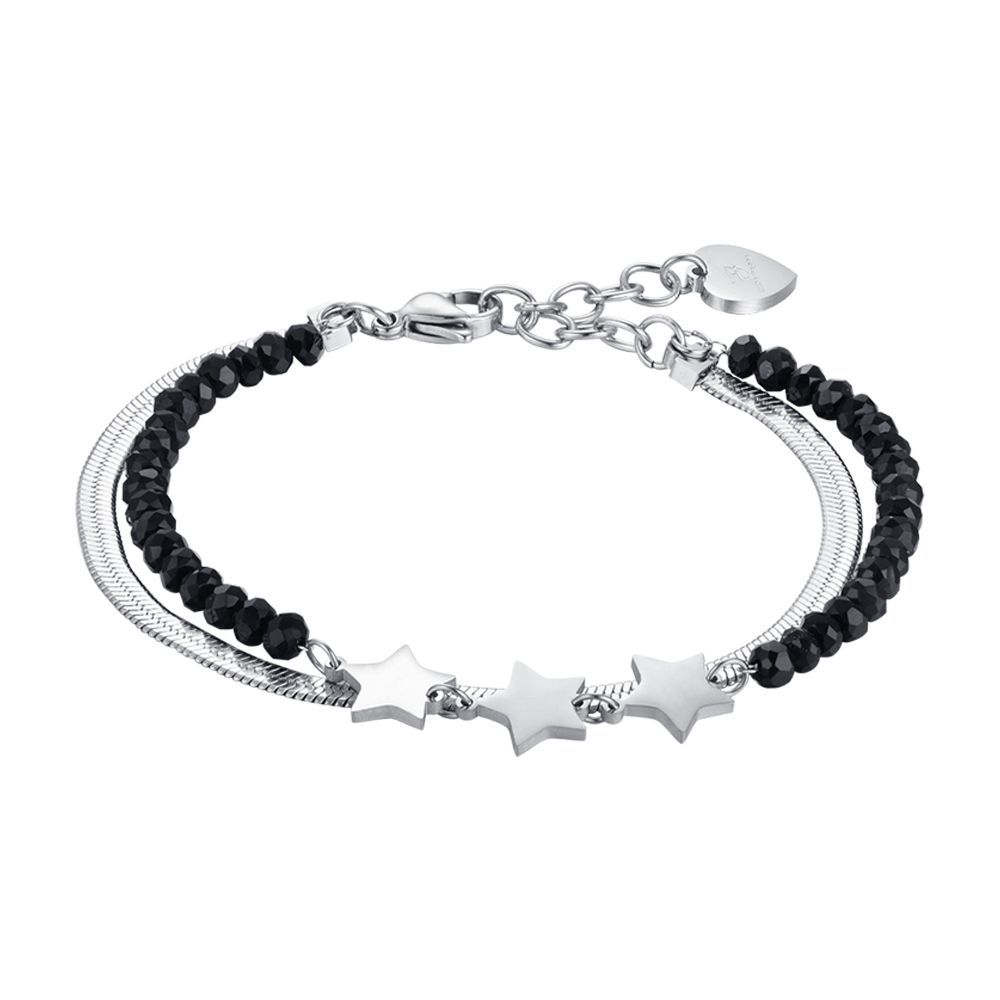 Luca Barra Bracciale 2 Fili Acciaio e Cristalli Neri con Stelle