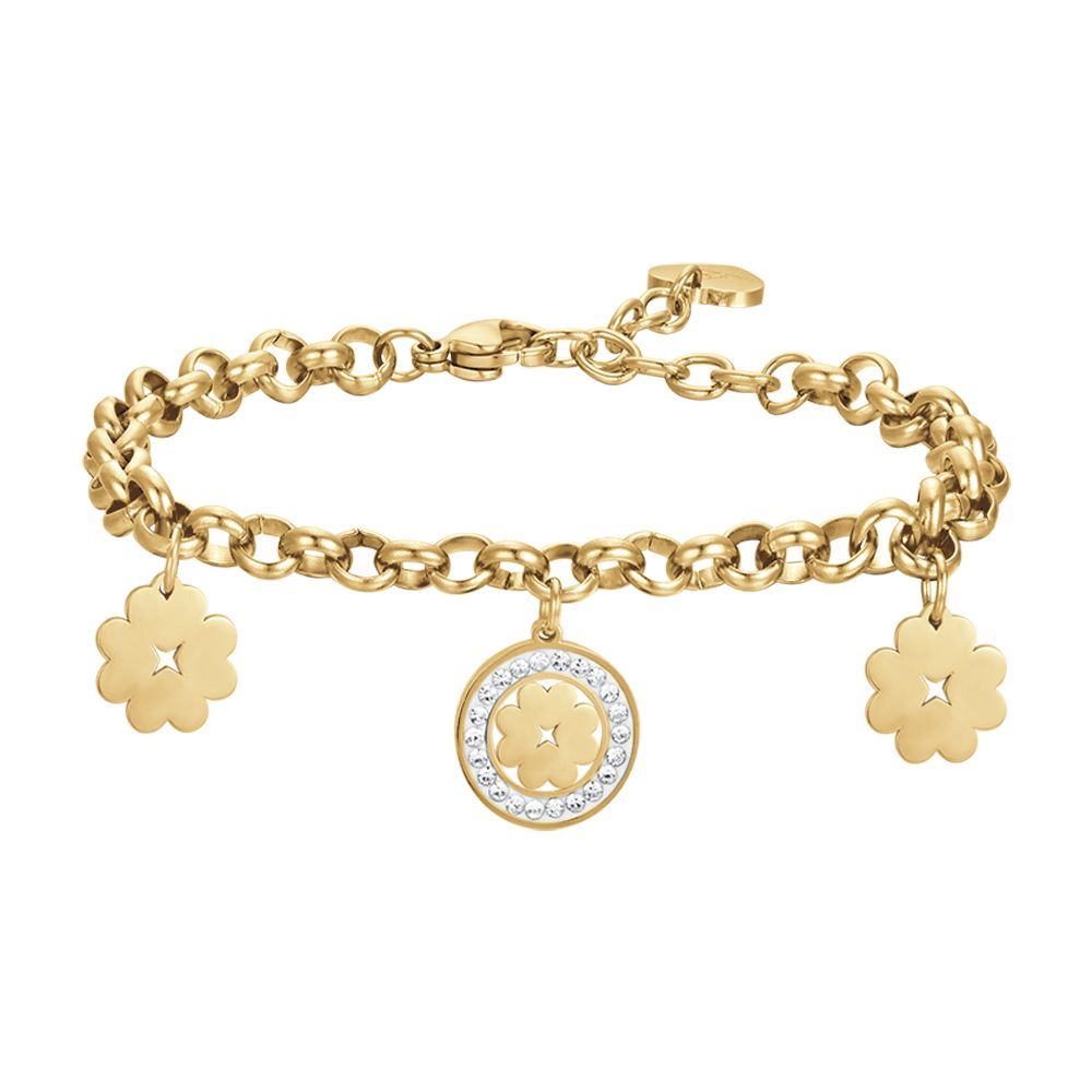 Luca Barra Bracciale Acciaio Gold Quadrifoglio e Cristalli